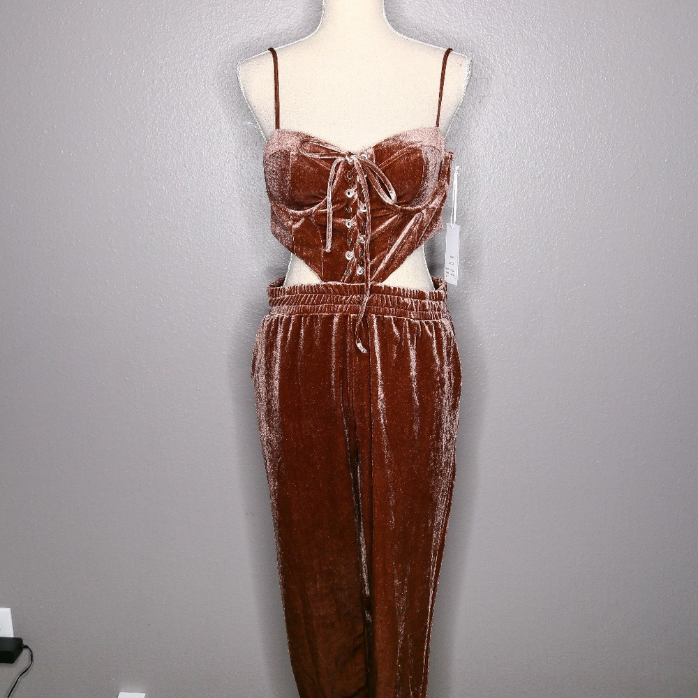 Brown Velvet Corset Lace Up Jogger Padded Jumpsuit